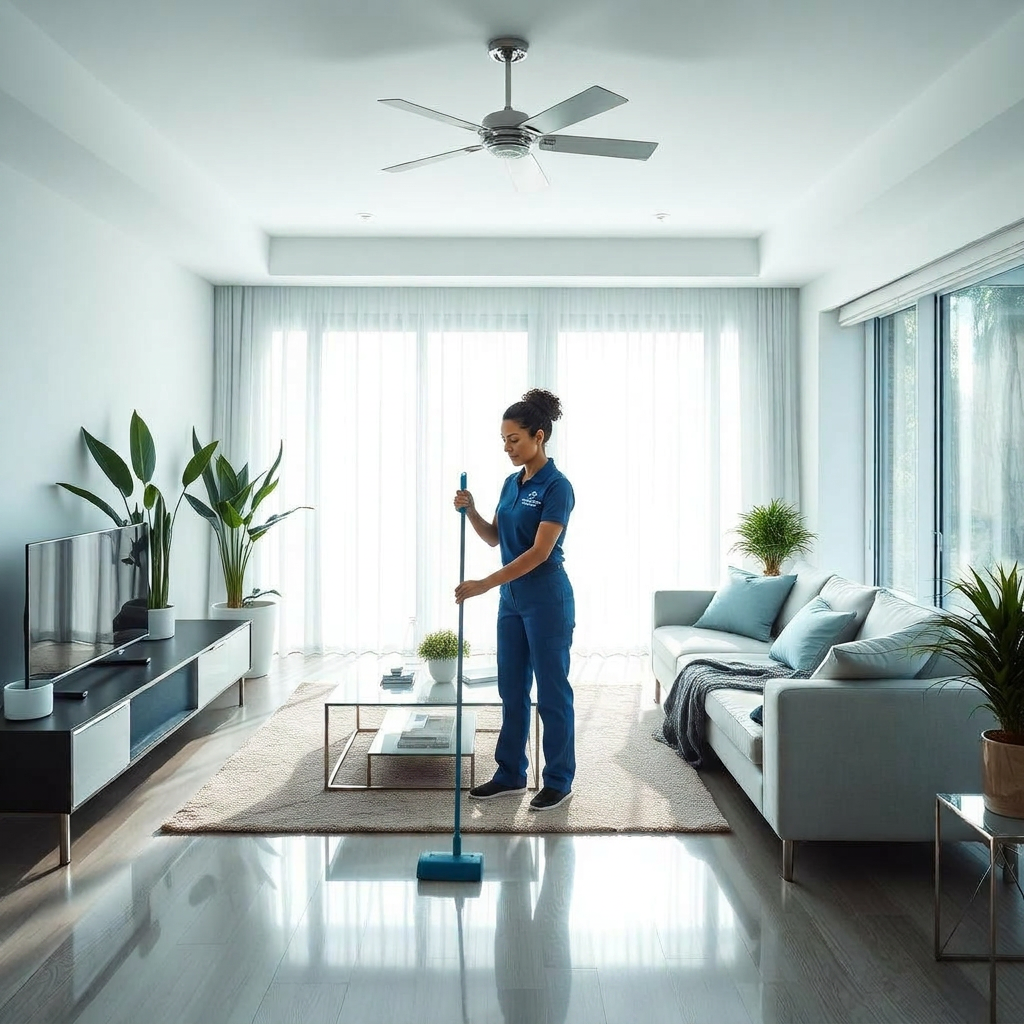 Professional cleaner in a bright, spotless living room