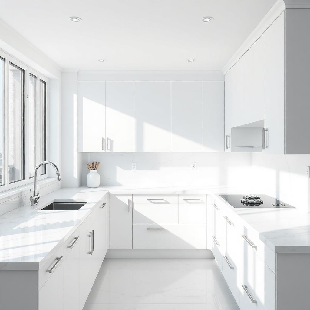 Spotless modern white kitchen with sunlight