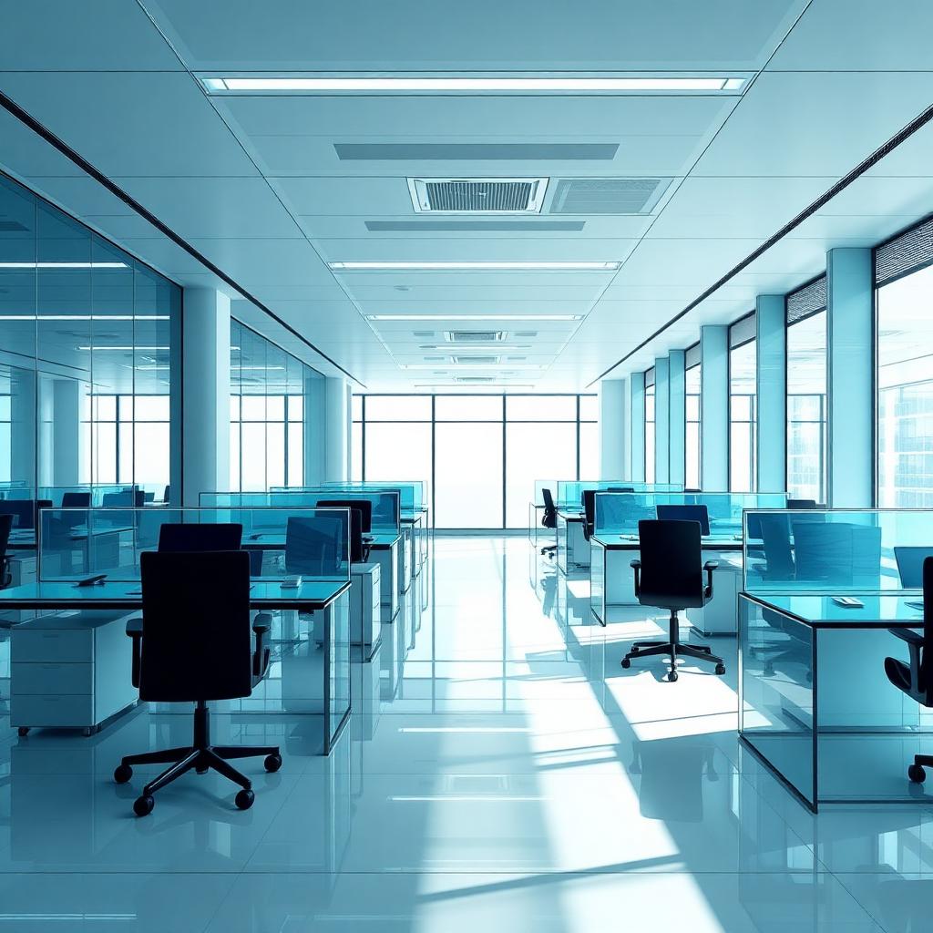 Clean, modern office space with glass desks